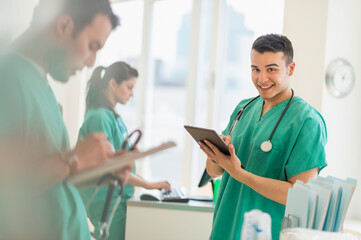 Hispanic nurses working in hospital