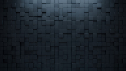Futuristic, High Tech, dark background, with a square block structure. Wall texture with a 3D cube tile pattern. 3D render