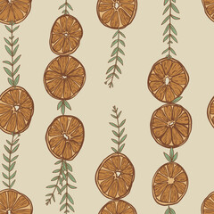 Seamless pattern with garlands of dried oranges and eucalyptus branches on a beige background