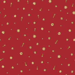 seamless pattern with spices on a red background (with black pepper, sweet pea, coriander and cloves)