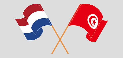 Crossed and waving flags of the Netherlands and Tunisia