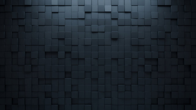 Futuristic, High Tech, dark background, with a square block structure. Wall texture with a 3D cube tile pattern. 3D render