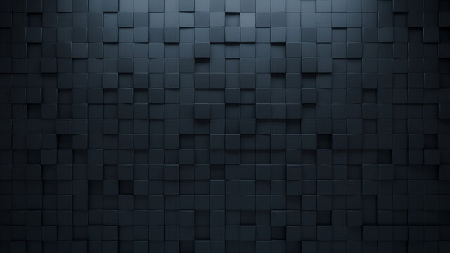 Futuristic, High Tech, dark background, with a square block structure. Wall texture with a 3D cube tile pattern. 3D render