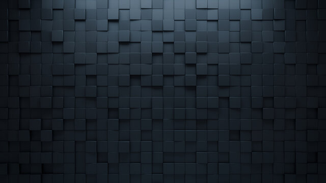 Futuristic, High Tech, dark background, with a square block structure. Wall texture with a 3D cube tile pattern. 3D render