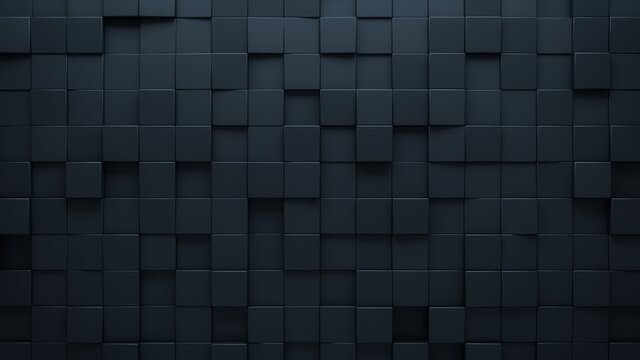 Futuristic, High Tech, dark background, with a square block structure. Wall texture with a 3D cube tile pattern. 3D render