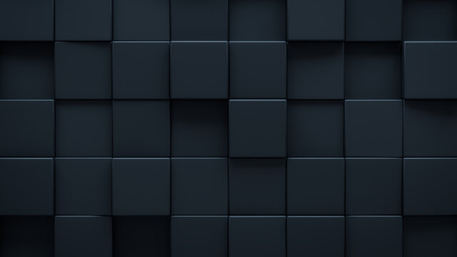 Futuristic, High Tech, dark background, with a square block structure. Wall texture with a 3D cube tile pattern. 3D render