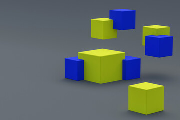 Obraz premium Blue and yellow combined toy cubes on gray background. Copy space for text. Block chain concept. 3d rendering