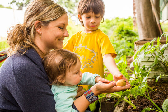 Mother and children admiring vegetable in garden