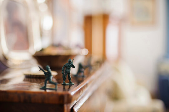 Close up of toy soldiers on mantelpiece