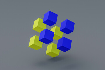 Yellow and blue cubes on gray background. Block chain concept. 3d rendering