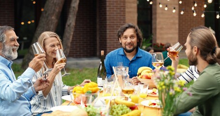 Smiled joyful Caucasian family laughing, talking and toasting at dinner or lunch barbecue outdoor on weekend day. Happy people of different ages saying toasts and cheering with drinks. Picnic.