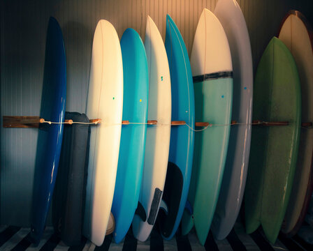 Surfboards standing in rack
