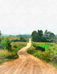 Beautiful rural landscape with dirt road colorful painting looks like picture.