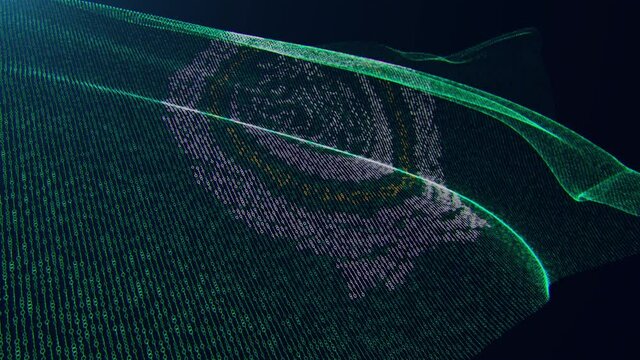 3d render. Arab League digital flag with binary code texture flies in the wind. Seamless loop.