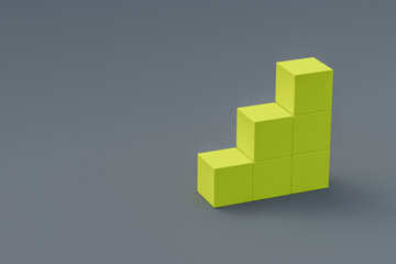 Fototapeta premium Steps of yellow cubes on gray background. Copy space for text. Concept of business growth. 3d rendering