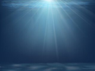 Vector under water with wave in deep blue on the island, Cartoon ocean with sun rays shining, Abstract marine design template for summer with blue ocean, under the sea background