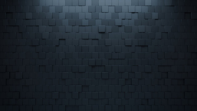 Futuristic, High Tech, dark background, with an offset square block structure. Wall texture with a 3D cube tile pattern. 3D render