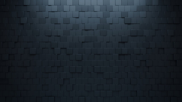 Futuristic, High Tech, dark background, with an offset square block structure. Wall texture with a 3D cube tile pattern. 3D render