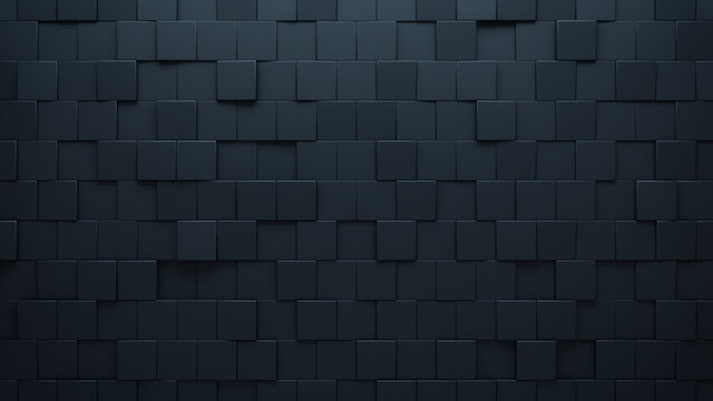 Futuristic, High Tech, dark background, with an offset square block structure. Wall texture with a 3D cube tile pattern. 3D render
