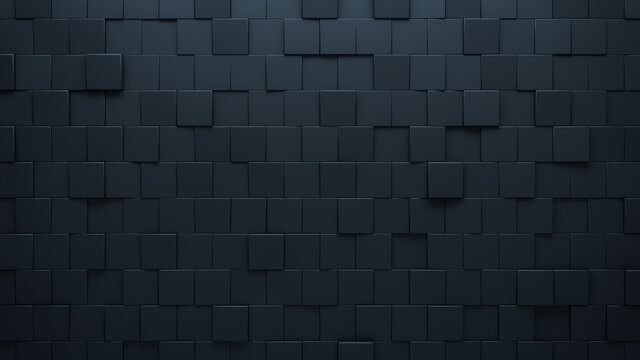 Futuristic, High Tech, dark background, with an offset square block structure. Wall texture with a 3D cube tile pattern. 3D render