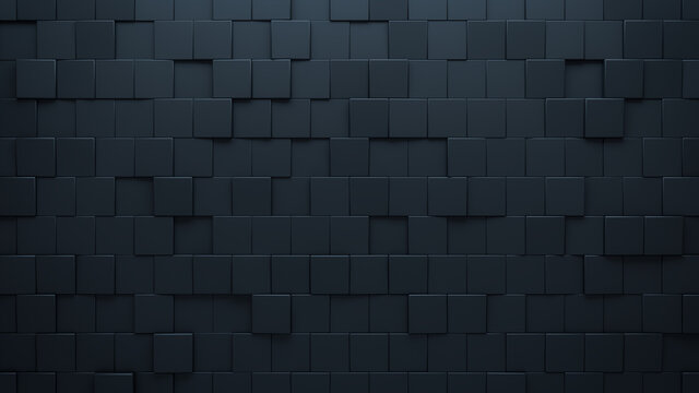 Futuristic, High Tech, dark background, with an offset square block structure. Wall texture with a 3D cube tile pattern. 3D render