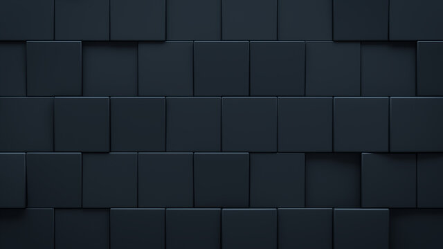 Futuristic, High Tech, dark background, with an offset square block structure. Wall texture with a 3D cube tile pattern. 3D render
