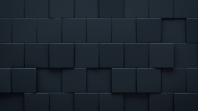 Futuristic, High Tech, dark background, with an offset square block structure. Wall texture with a 3D cube tile pattern. 3D render