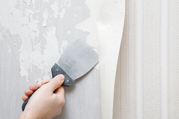 Young adult man hand tear off old light wallpaper with scraper from wall. Closeup. Preparing for...