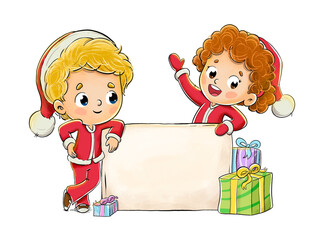 Ni&ntilde;os celebrando la navidad con un cartel o poster y regalos