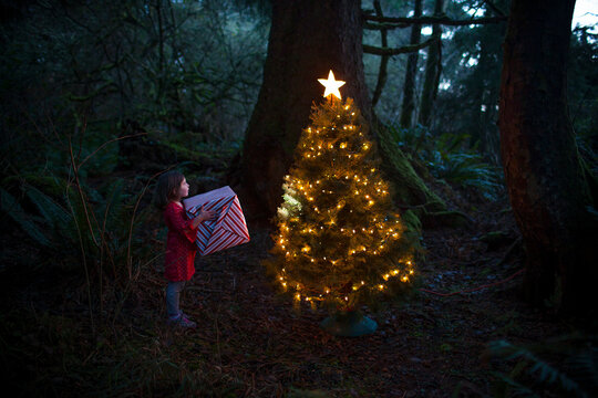 Caucasian girl by Christmas tree in forest