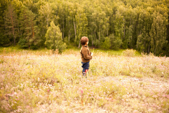 Mixed race boy standing in rural field