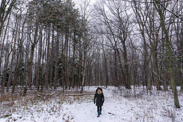 Woman walks alone among towering trees in forest