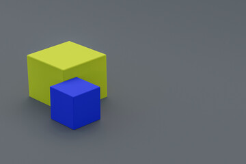 Big and small colorful cubes on gray background. Minimalism. Copy space. 3d rendering