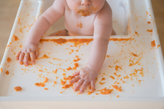 Caucasian baby girl self-feeding mashed sweet potato