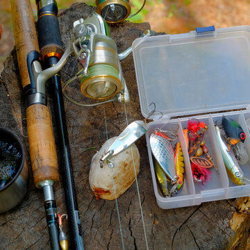 Fishing lures and fishing rod on tree stump
