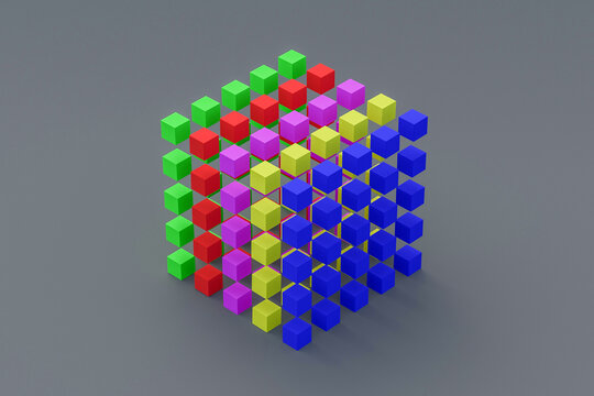One large cube made of many multi colored small on gray background. Block chain concept. 3d rendering