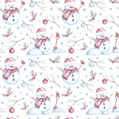 Winter stories watercolor seamless pattern. Cute snowman, snowflakes, Christmas balls, winter nature, berries, bird, snow shovel. Christmas. New Year. Blue, brown, burgundy, white. For print.