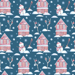 Christmas village watercolor seamless pattern. Cute snowman, Christmas house, snowflakes, Christmas balls, winter nature, berries, bird, snow shovel. Christmas. New Year. Blue, brown, burgundy, white.