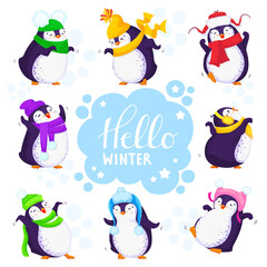 Happy penguin characters in different poses and hats set. Merry Christmas or new year greetings. Hello winter. Vector illustration in cartoon style.