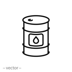 barrel with oil icon, metal cask liquid, chemical canister, thin line symbol on white background - editable stroke vector illustration