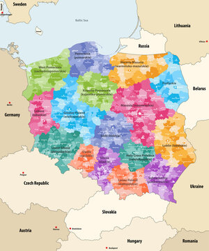 Fototapeta Poland administrative divisions colored by provinces(known as voivodeships) with neighbouring countries an territories  Vector map
