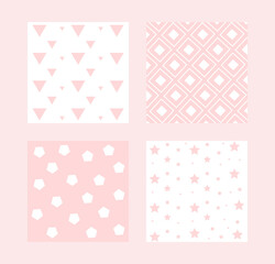 Cute set seamless pattern of geometric shapes, pink, lovely cards, design for decoration, wrapping paper, print, fabric or textile, stylish collection, vector illustration, flat design, pastel colors