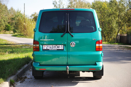 Belarus, Brest - August 04, 2019: T 5 Transporter green passenger van back view. Photographing a modern car in the parking lot in Brest.n