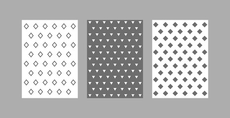 Cute set seamless pattern of geometric shapes, grey, lovely cards, design for decoration, wrapping paper, print, fabric or textile, stylish collection, vector illustration, flat design