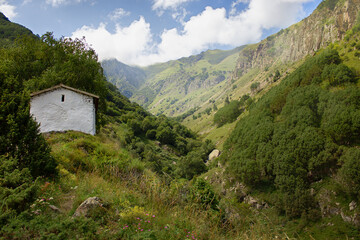 Beautiful nature, tourism, summer landscape, green grass and trees, mountains, old ruins, shed in a woods