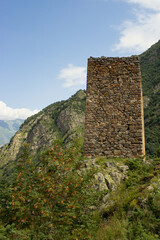 Beautiful nature, tourism, summer landscape, green grass and trees, mountains, old ruins, watchtower