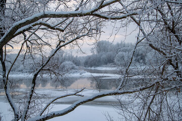 Frosty winter day on the river. View of the water through the branches of trees covered with frost.