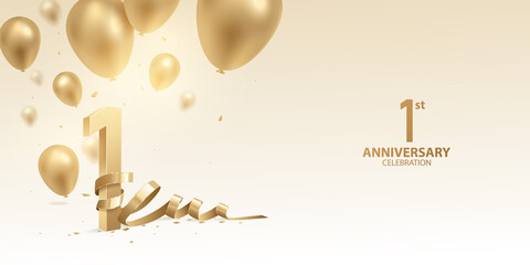 1st Year anniversary celebration background. 3D Golden numbers with bent ribbon, confetti and balloons.