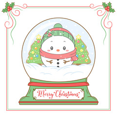 merry Christmas cute snowman drawing snow globe card