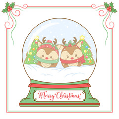 merry Christmas cute reindeer drawing snow globe card